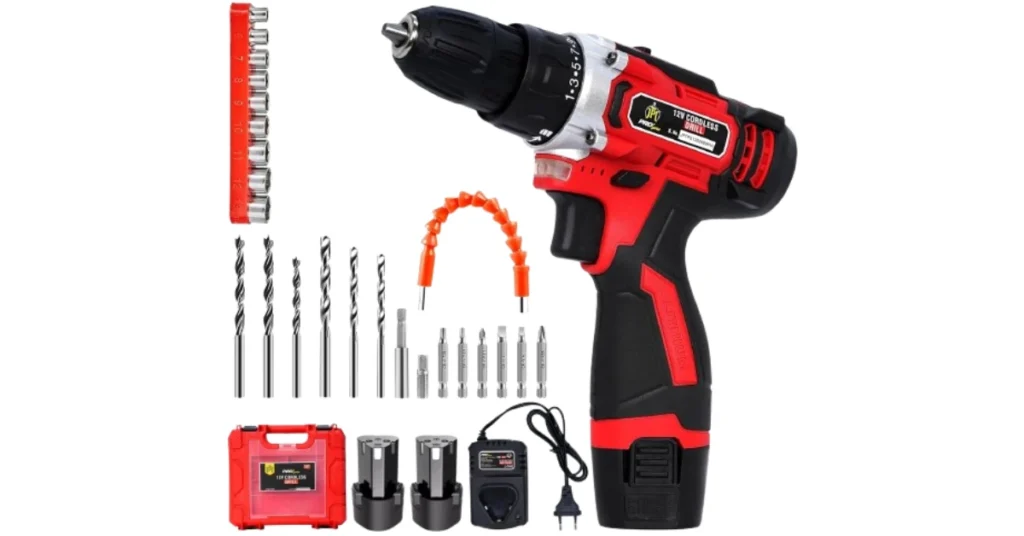 JPT Pro Series 12V Heavy Duty Cordless Drill Machine Kit (45Nm, 1950 RPM, 2 Batteries, Red)
